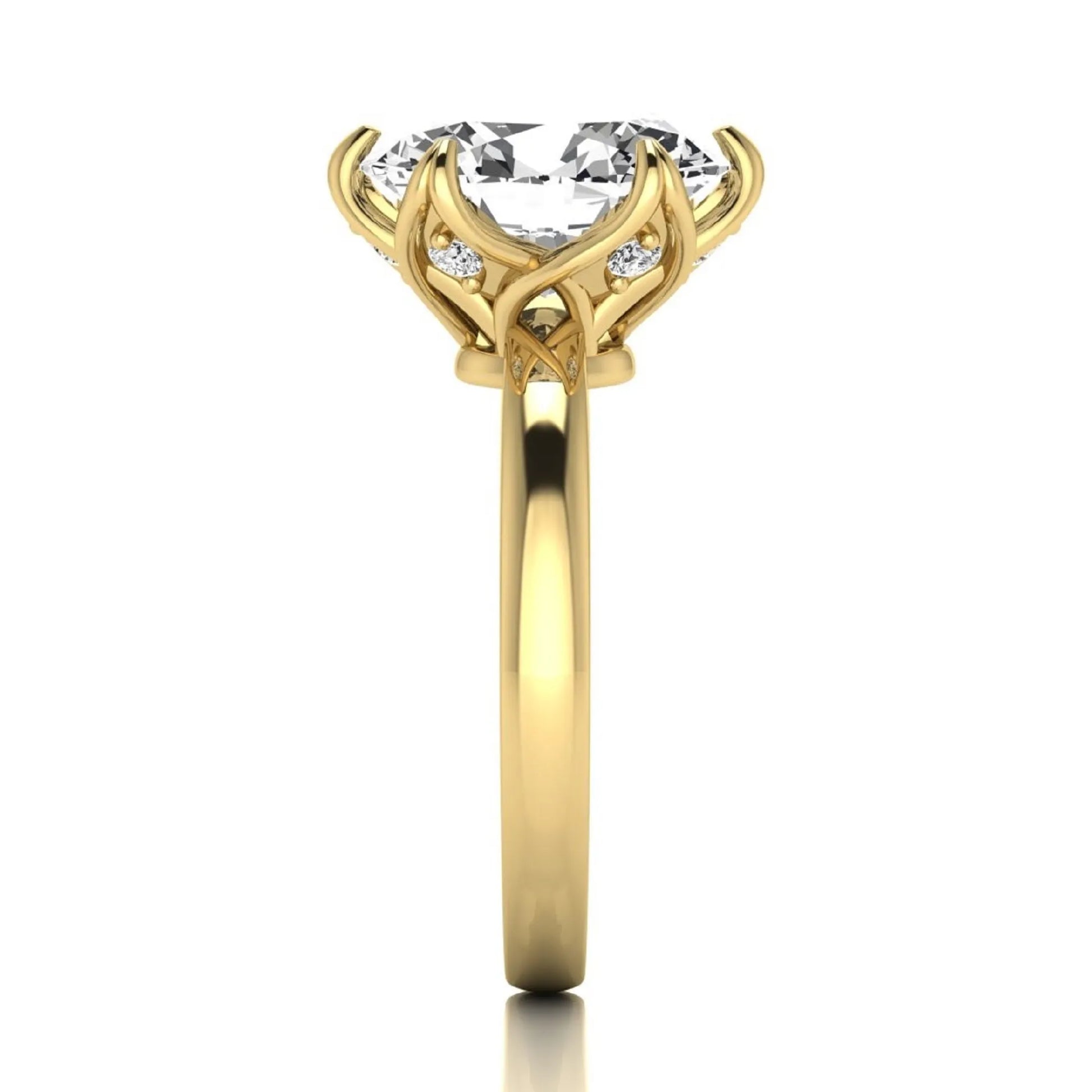 Oval six prong lab grown diamond solitaire engagement ring featuring a 2.54 carat oval center diamond with hidden round accent diamonds beneath the gallery.