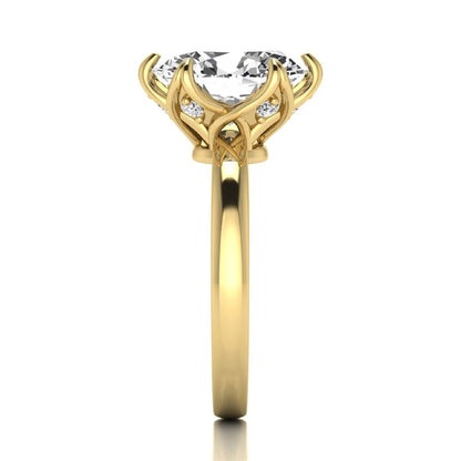 Oval six prong lab grown diamond solitaire engagement ring featuring a 2.54 carat oval center diamond with hidden round accent diamonds beneath the gallery.