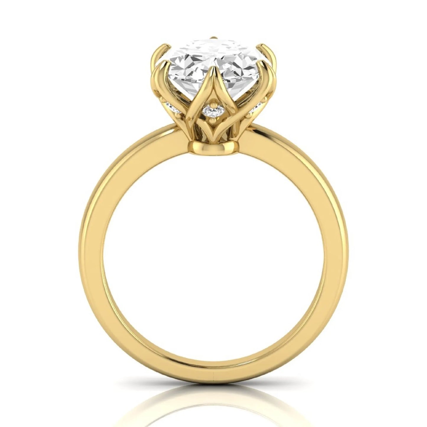 Oval six prong lab grown diamond solitaire engagement ring featuring a 2.54 carat oval center diamond with hidden round accent diamonds beneath the gallery.