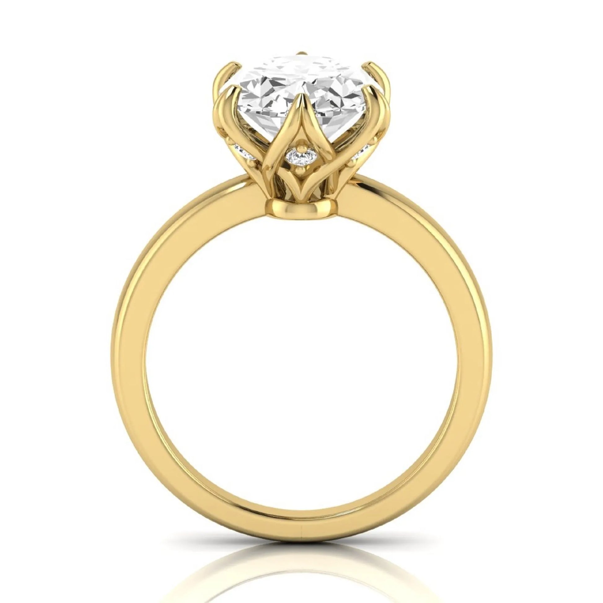 Oval six prong lab grown diamond solitaire engagement ring featuring a 2.54 carat oval center diamond with hidden round accent diamonds beneath the gallery.