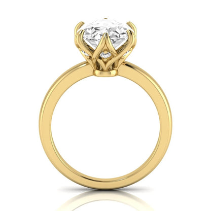 Oval six prong lab grown diamond solitaire engagement ring featuring a 2.54 carat oval center diamond with hidden round accent diamonds beneath the gallery.