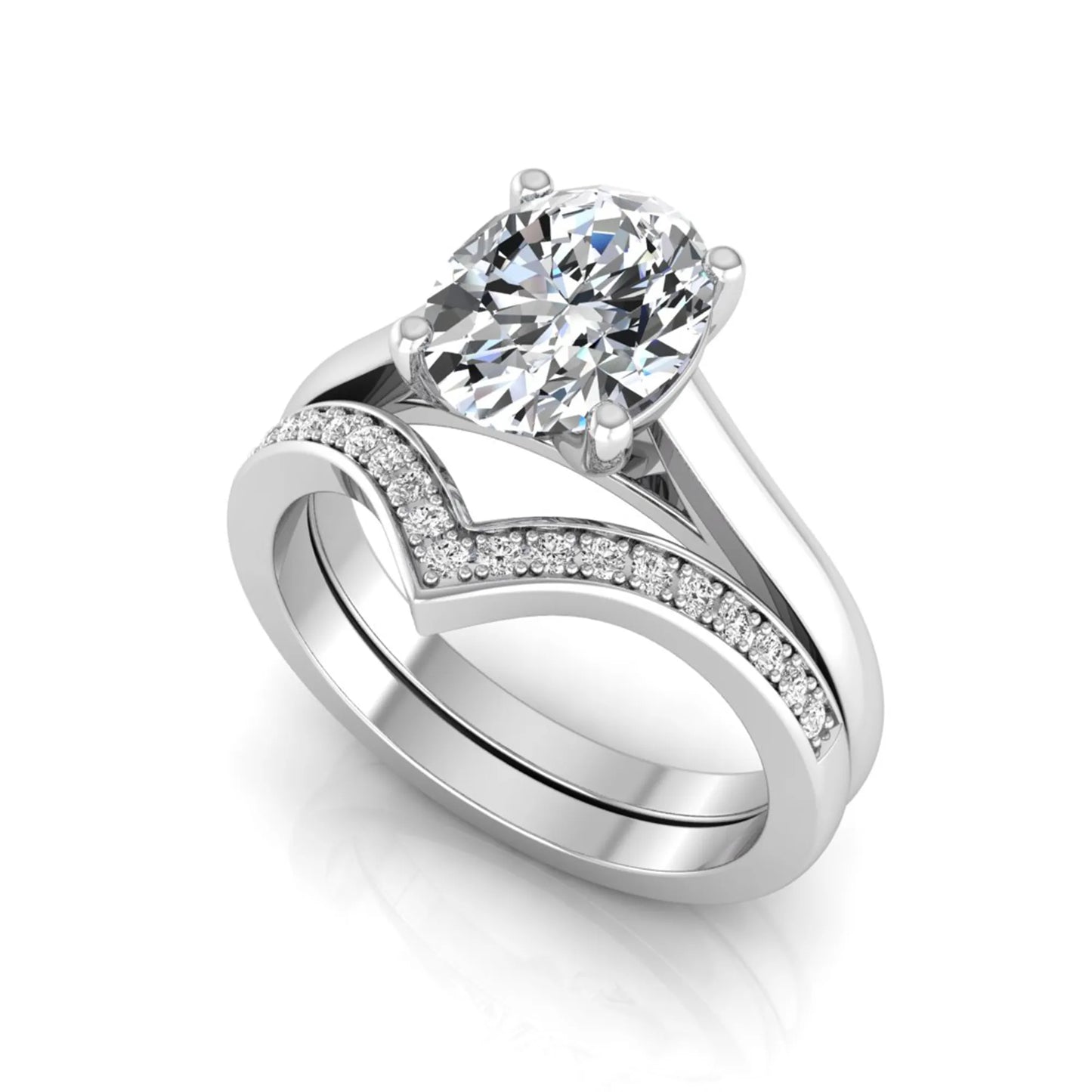 Oval cut lab grown diamond bridal ring set featuring a four-prong solitaire engagement ring with a pavé chevron V-shaped wedding band in a white gold finish.