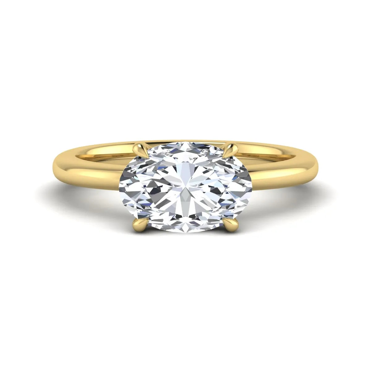 IGI Certified 1.45 carat oval cut lab grown diamond solitaire engagement ring with a polished yellow gold band.