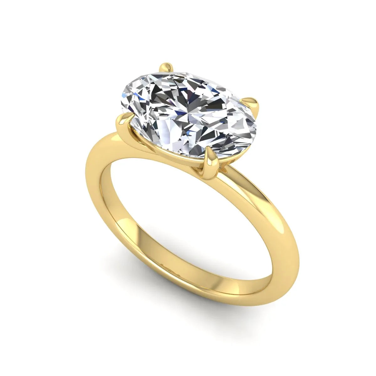IGI Certified 1.45 carat oval cut lab grown diamond solitaire engagement ring with a polished yellow gold band.