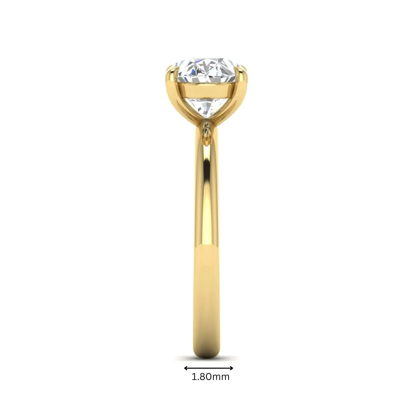IGI Certified 1.45 carat oval cut lab grown diamond solitaire engagement ring with a polished yellow gold band.