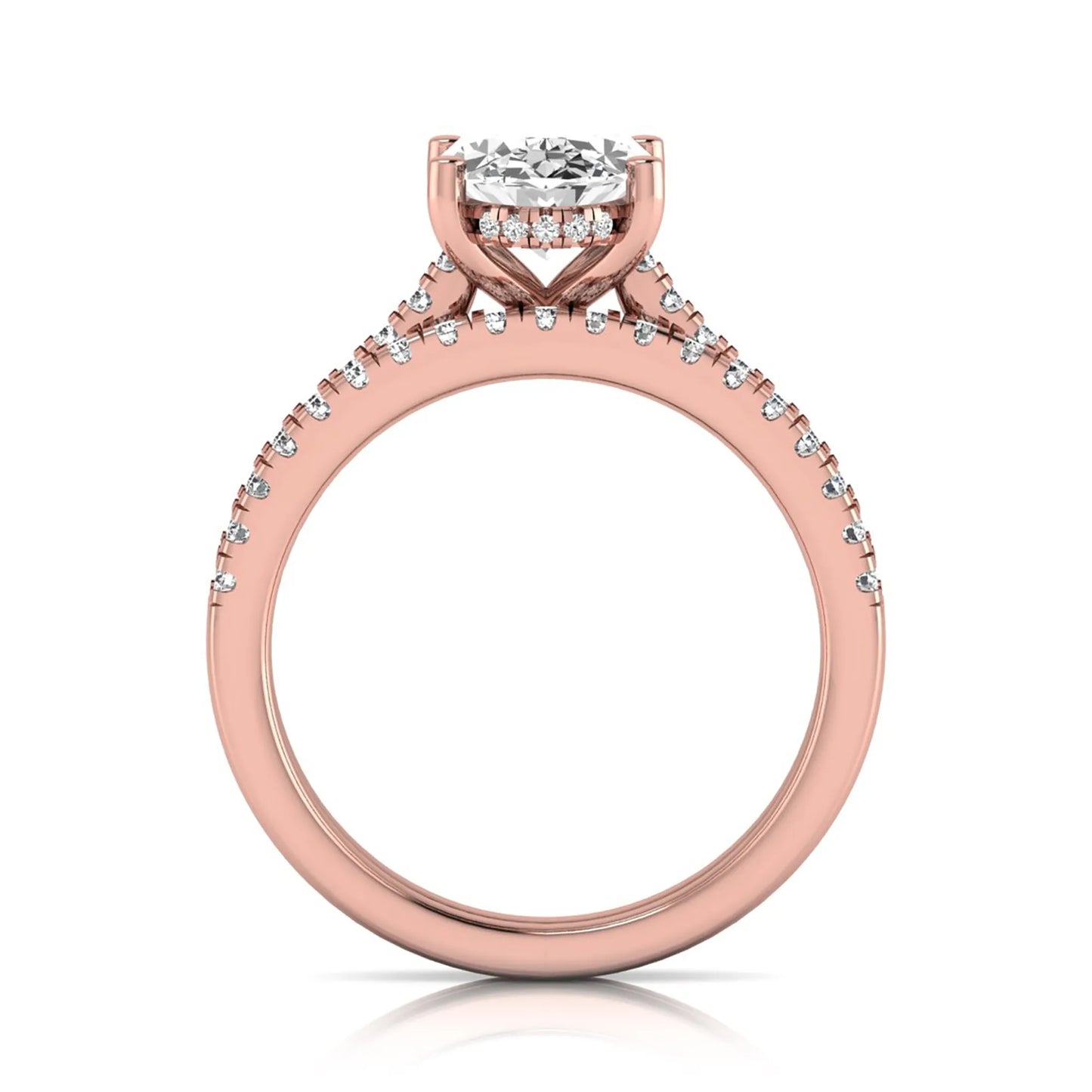 Oval cut lab grown diamond solitaire bridal ring set featuring a four-prong center diamond with pavé diamond engagement ring and matching pavé wedding band in rose gold tone.