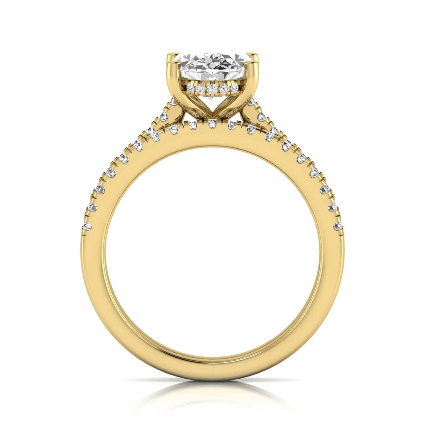 Oval cut lab grown diamond solitaire bridal ring set featuring a four-prong center diamond with pavé diamond engagement ring and matching pavé wedding band in yellow gold tone.