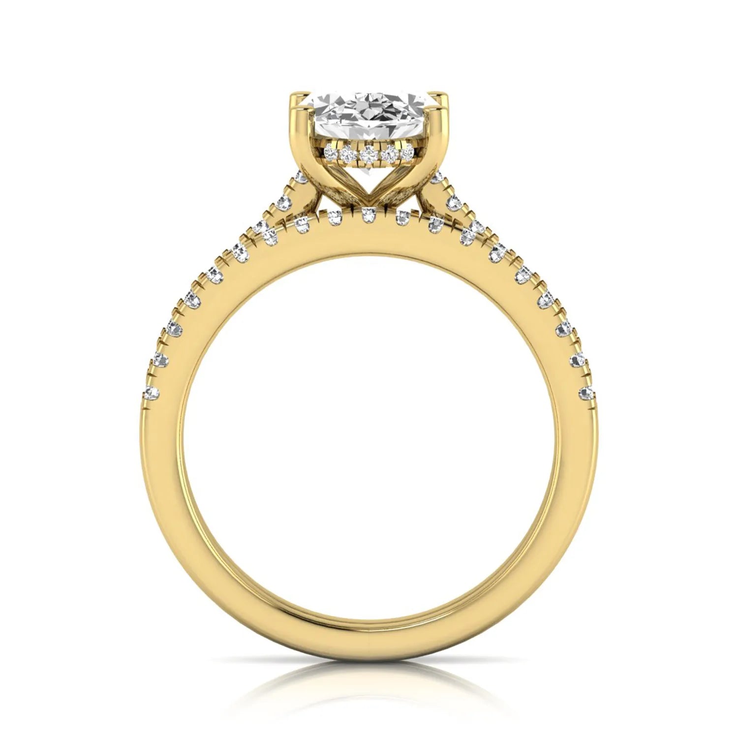 Oval cut lab grown diamond solitaire bridal ring set featuring a four-prong center diamond with pavé diamond engagement ring and matching pavé wedding band in yellow gold tone.
