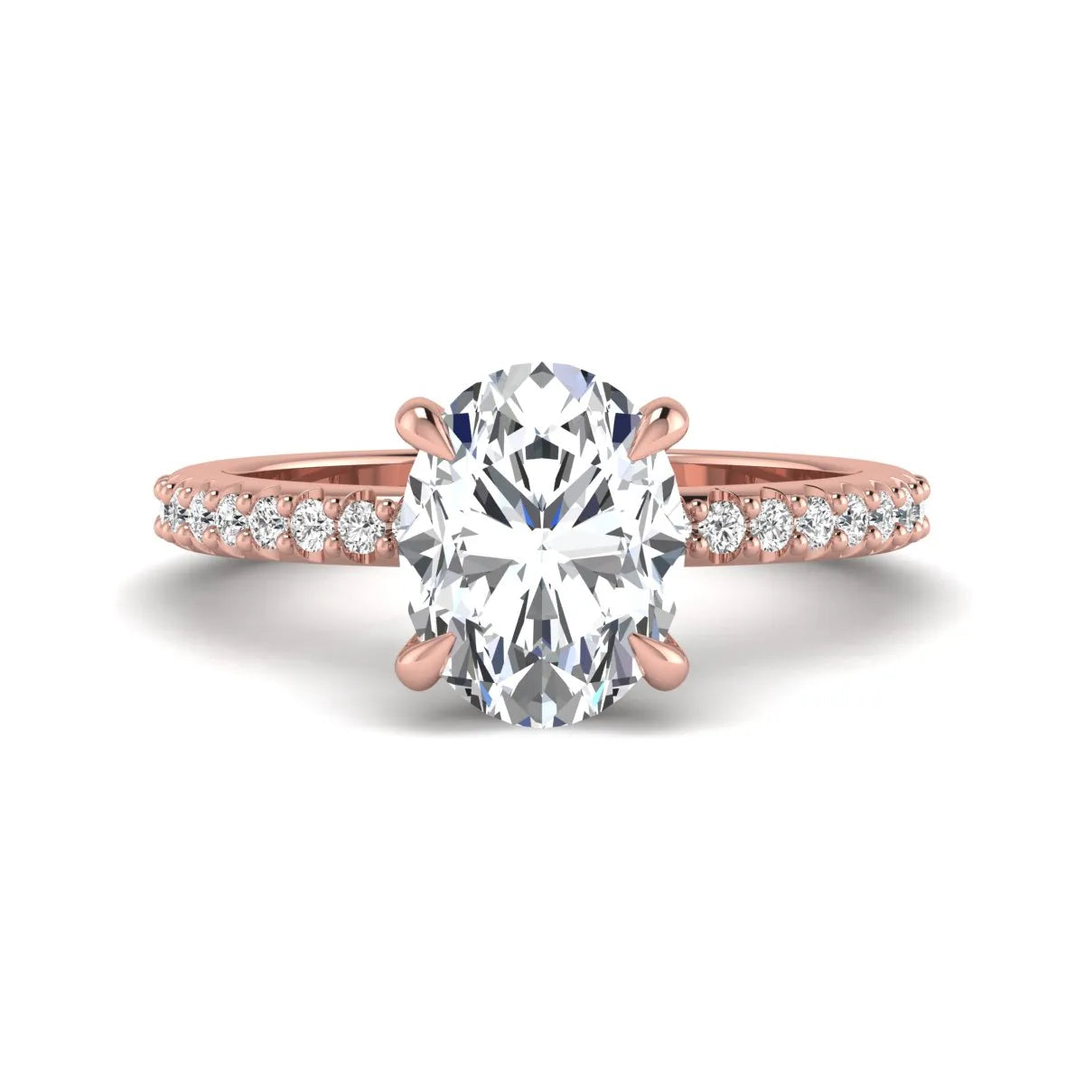 IGI Certified 1.90 carat oval cut lab grown diamond solitaire engagement ring with round pavé diamonds in rose gold.