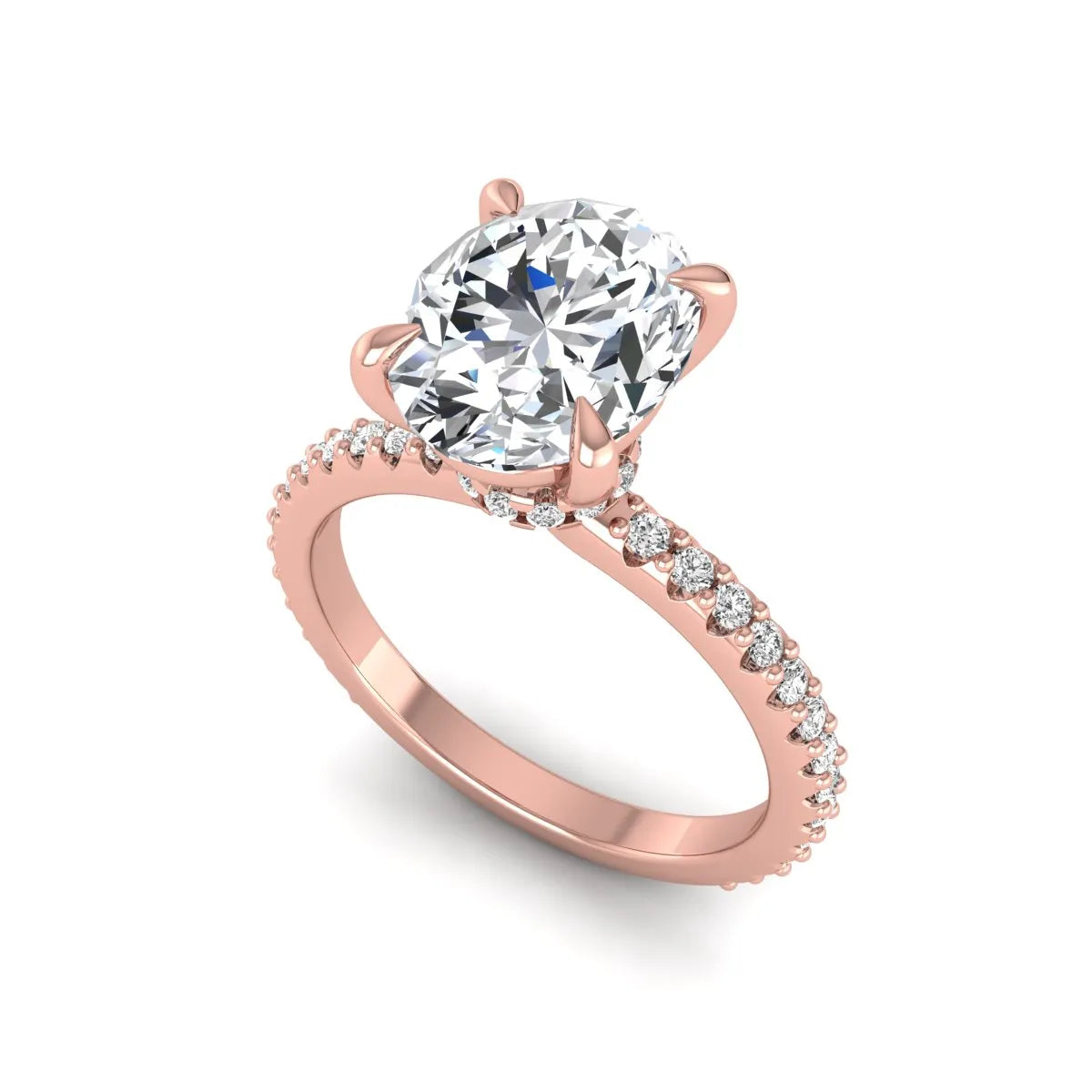 IGI Certified 1.90 carat oval cut lab grown diamond solitaire engagement ring with round pavé diamonds in rose gold.