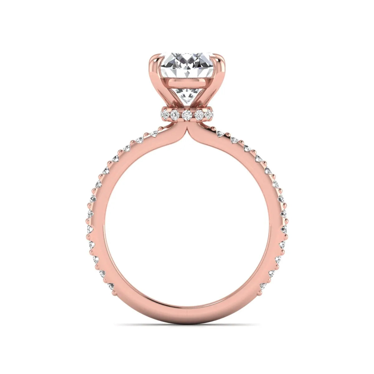 IGI Certified 1.90 carat oval cut lab grown diamond solitaire engagement ring with round pavé diamonds in rose gold.