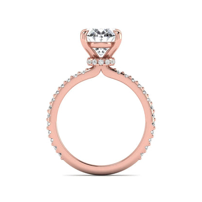 IGI Certified 1.90 carat oval cut lab grown diamond solitaire engagement ring with round pavé diamonds in rose gold.