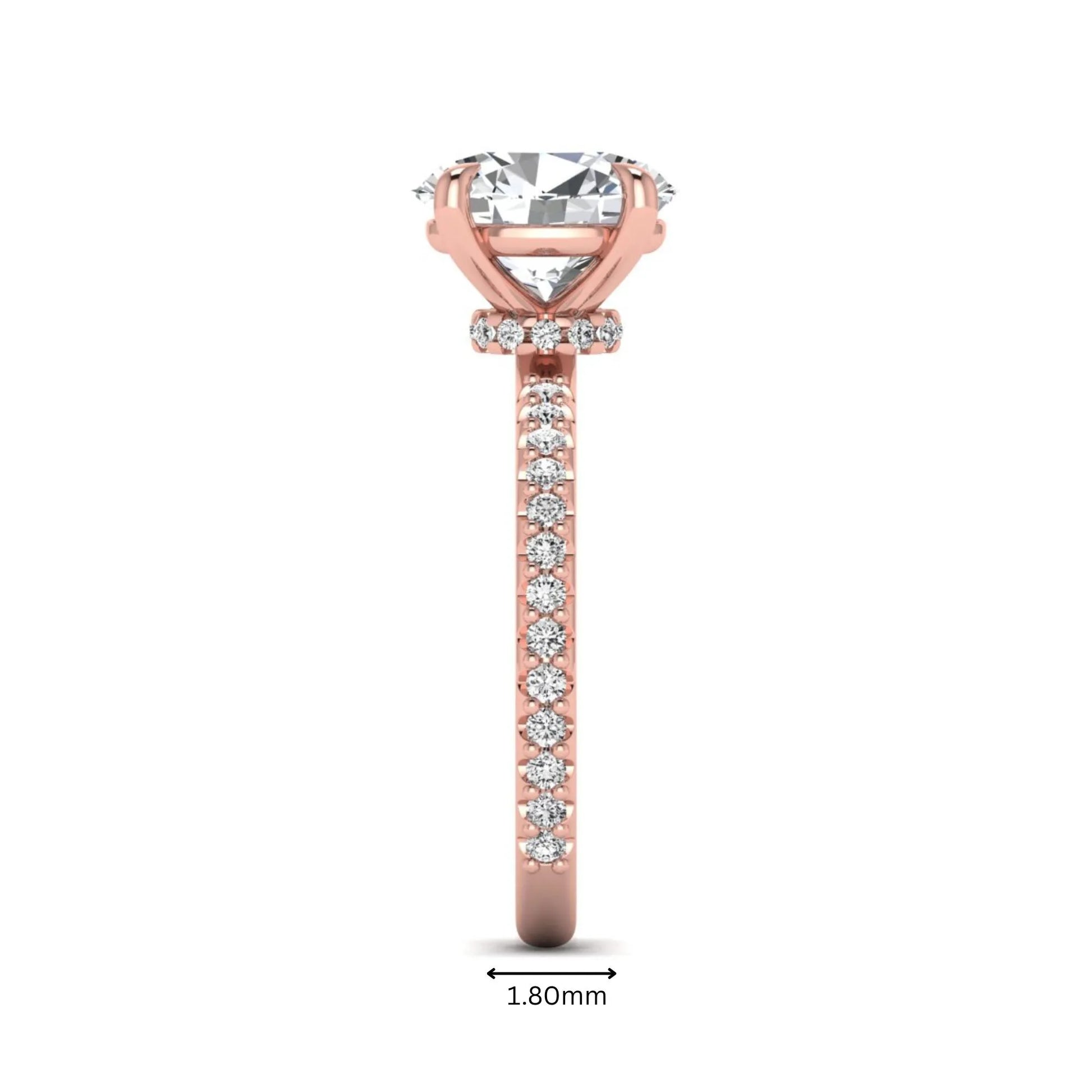 IGI Certified 1.90 carat oval cut lab grown diamond solitaire engagement ring with round pavé diamonds in rose gold.