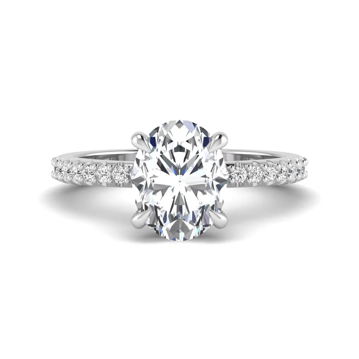IGI Certified 1.90 carat oval cut lab grown diamond solitaire engagement ring with round pavé diamonds in white gold.