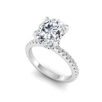 IGI Certified 1.90 carat oval cut lab grown diamond solitaire engagement ring with round pavé diamonds in white gold.