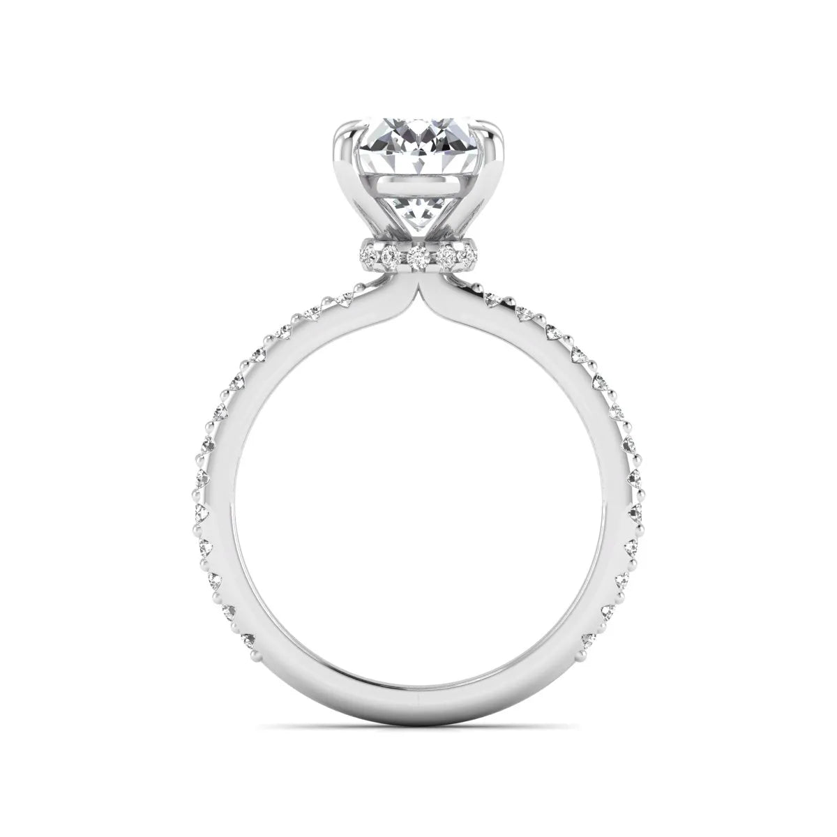 IGI Certified 1.90 carat oval cut lab grown diamond solitaire engagement ring with round pavé diamonds in white gold.