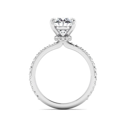 IGI Certified 1.90 carat oval cut lab grown diamond solitaire engagement ring with round pavé diamonds in white gold.