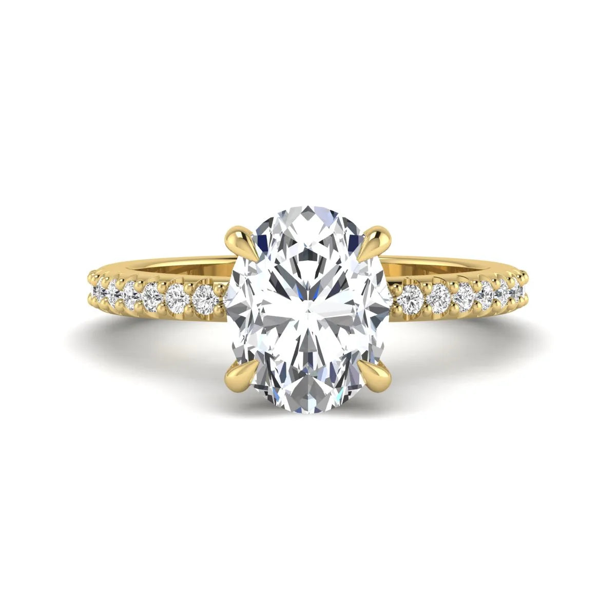IGI Certified 1.90 carat oval cut lab grown diamond solitaire engagement ring with round pavé diamonds in yellow gold.