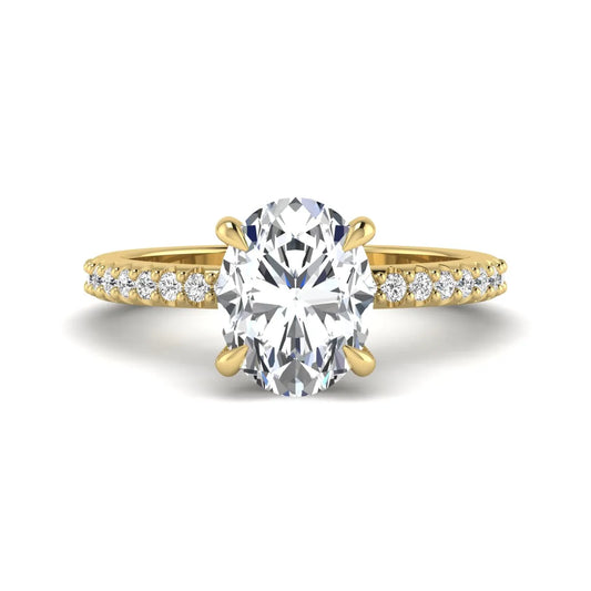 IGI Certified 1.90 carat oval cut lab grown diamond solitaire engagement ring with round pavé diamonds in yellow gold.