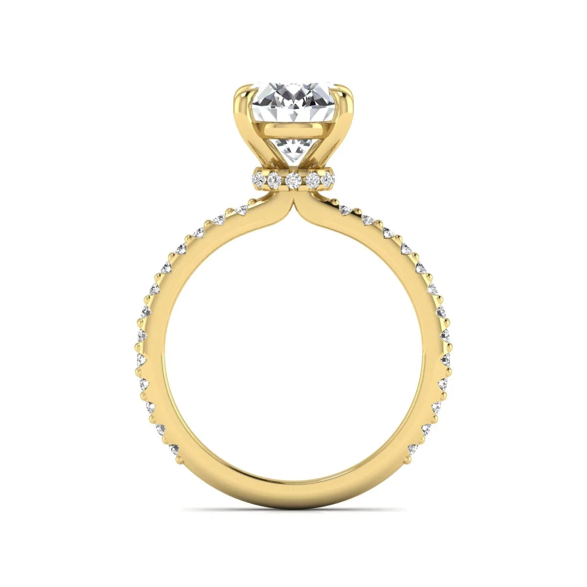 IGI Certified 1.90 carat oval cut lab grown diamond solitaire engagement ring with round pavé diamonds in yellow gold.