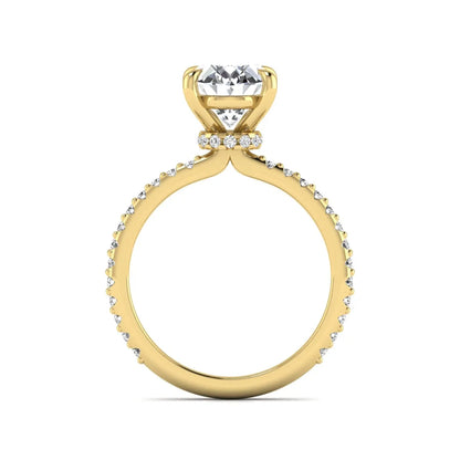 IGI Certified 1.90 carat oval cut lab grown diamond solitaire engagement ring with round pavé diamonds in yellow gold.