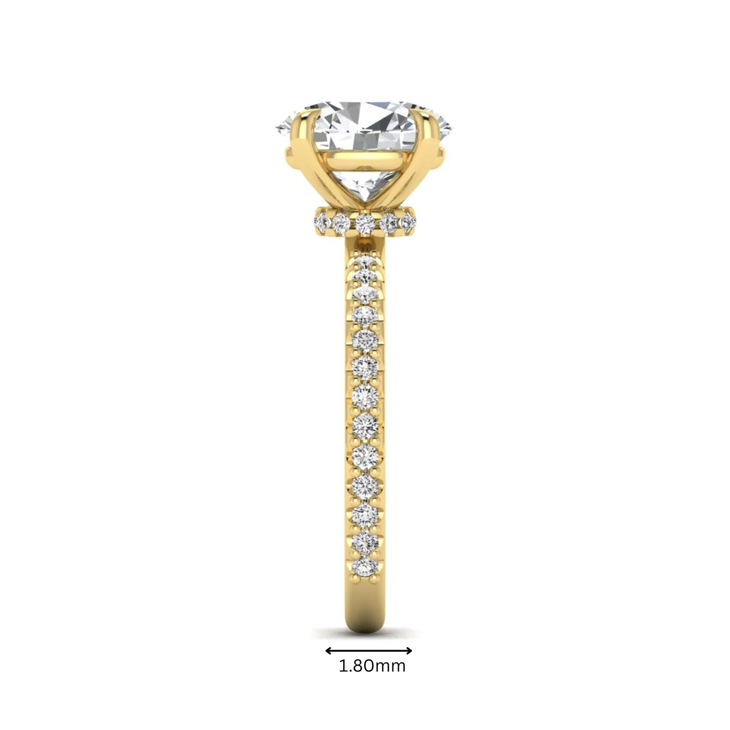 IGI Certified 1.90 carat oval cut lab grown diamond solitaire engagement ring with round pavé diamonds in yellow gold.