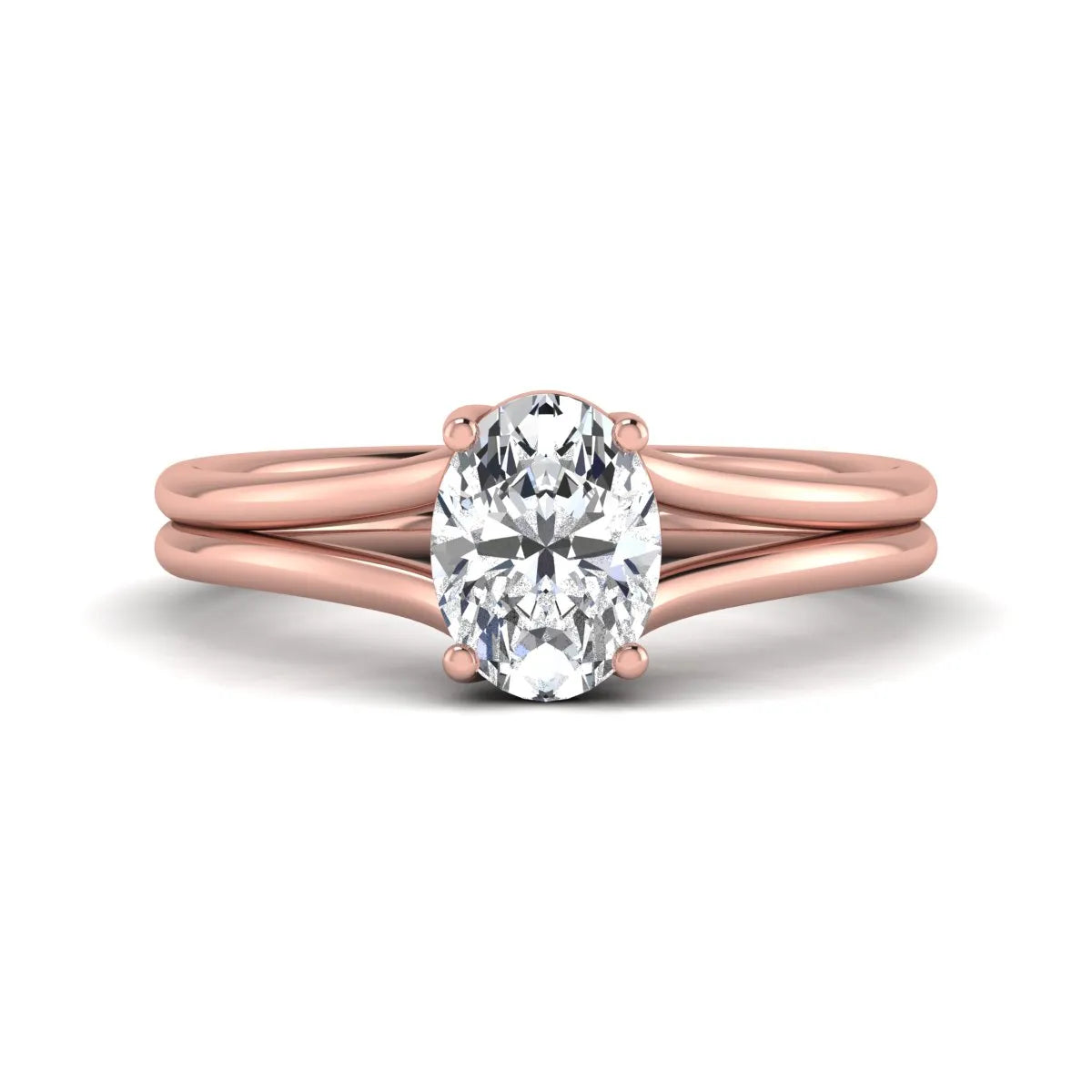 IGI certified 1.22 carat oval cut lab grown diamond solitaire engagement ring with elegant split shank in rose gold.