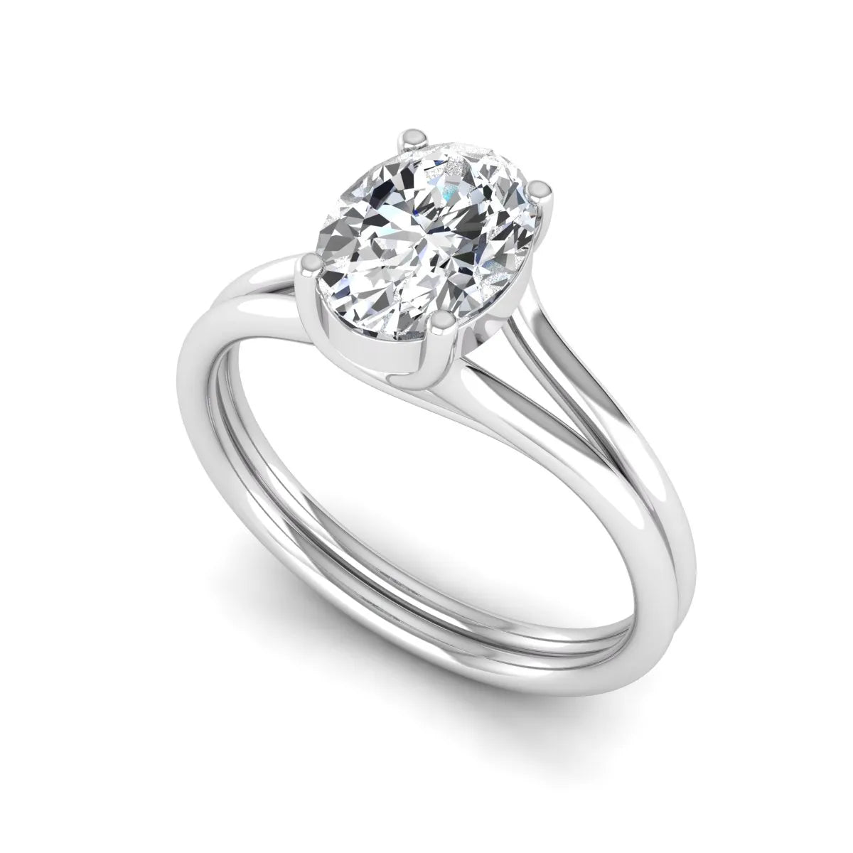 IGI certified 1.22 carat oval cut lab grown diamond solitaire engagement ring with elegant split shank in white gold.