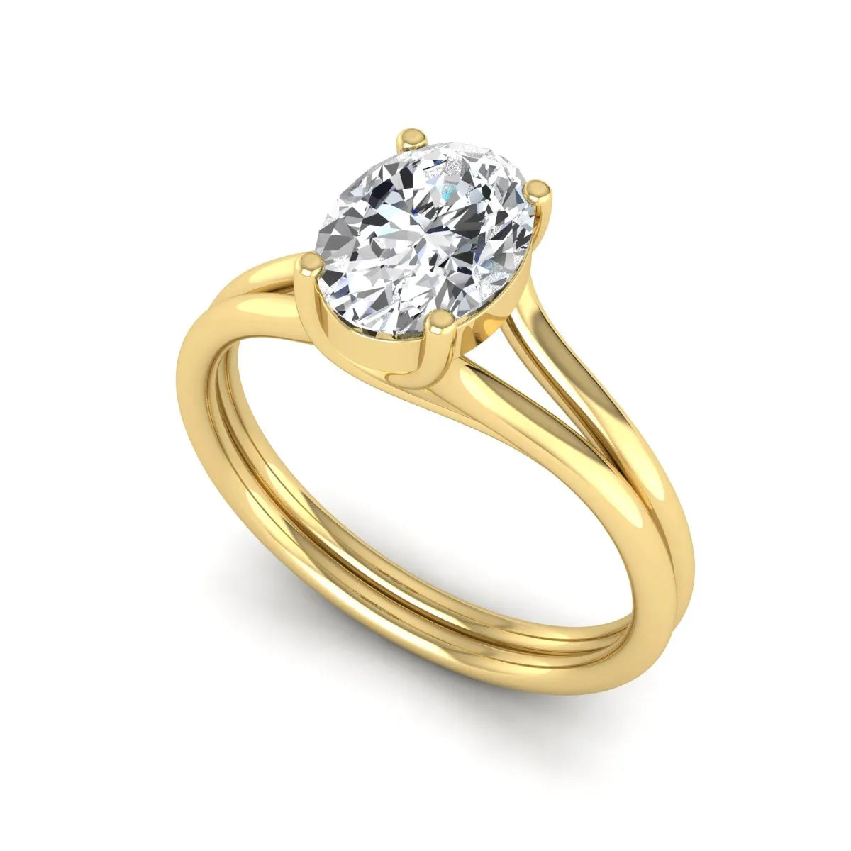 IGI certified 1.22 carat oval cut lab grown diamond solitaire engagement ring with elegant split shank in yellow gold.