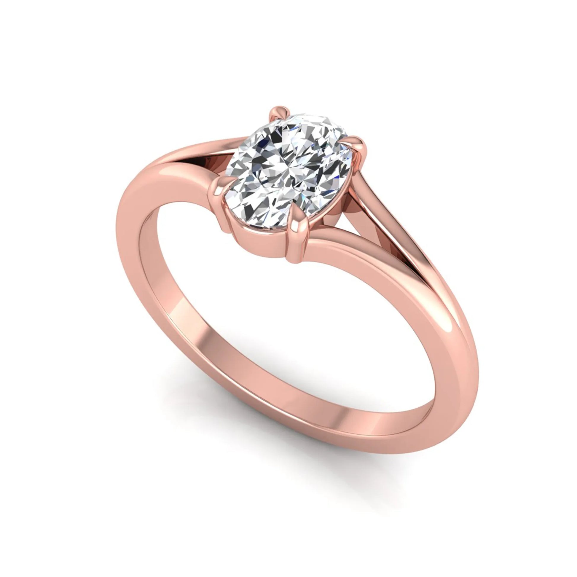 Oval cut lab grown diamond solitaire split shank engagement ring in rose gold tone