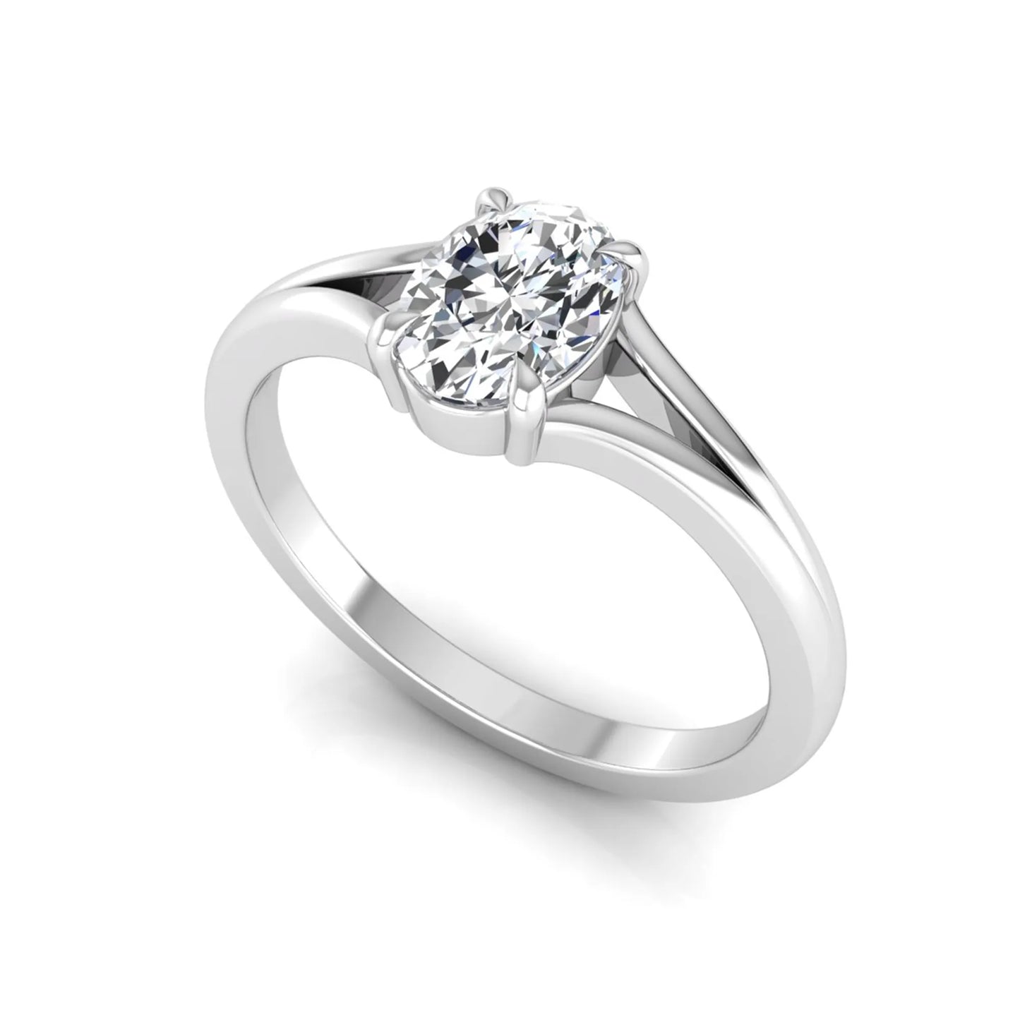 Oval cut lab grown diamond solitaire split shank engagement ring in white gold tone
