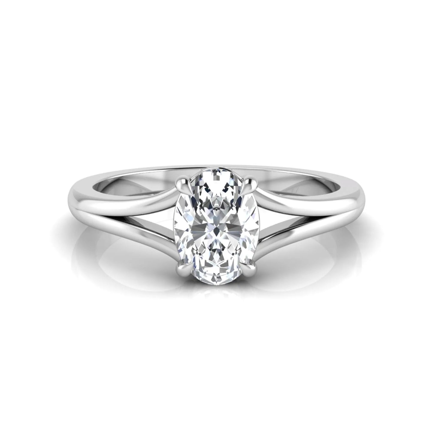 Oval cut lab grown diamond solitaire split shank engagement ring in white gold tone