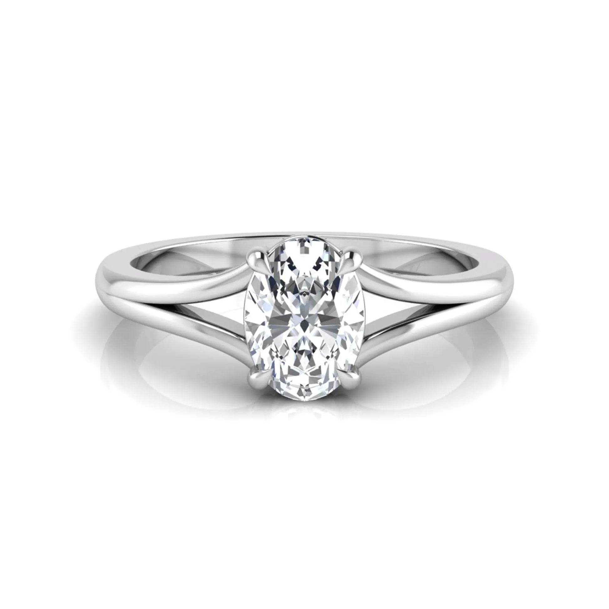 Oval cut lab grown diamond solitaire split shank engagement ring in white gold tone
