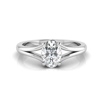 Oval cut lab grown diamond solitaire split shank engagement ring in white gold tone