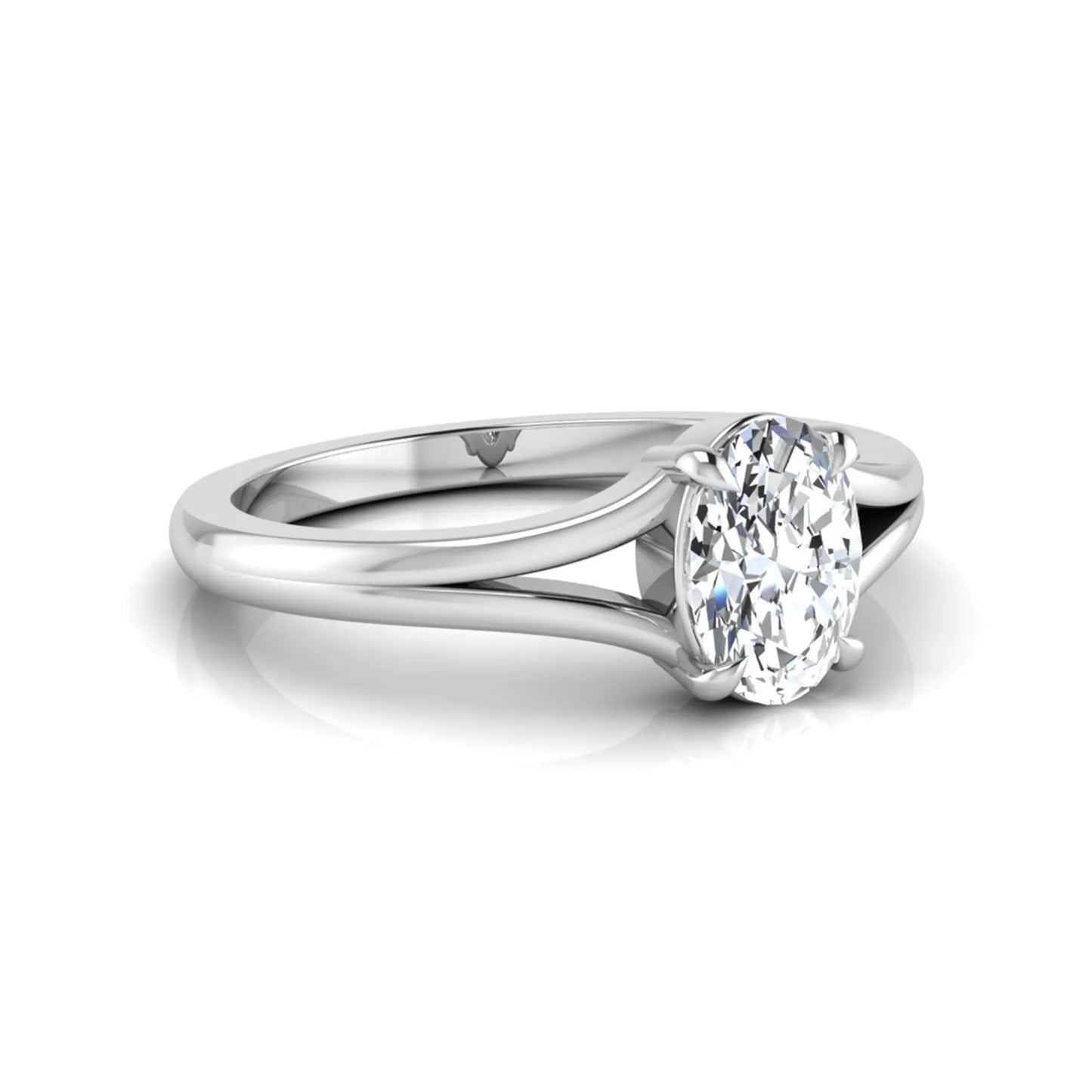 Oval cut lab grown diamond solitaire split shank engagement ring in white gold tone