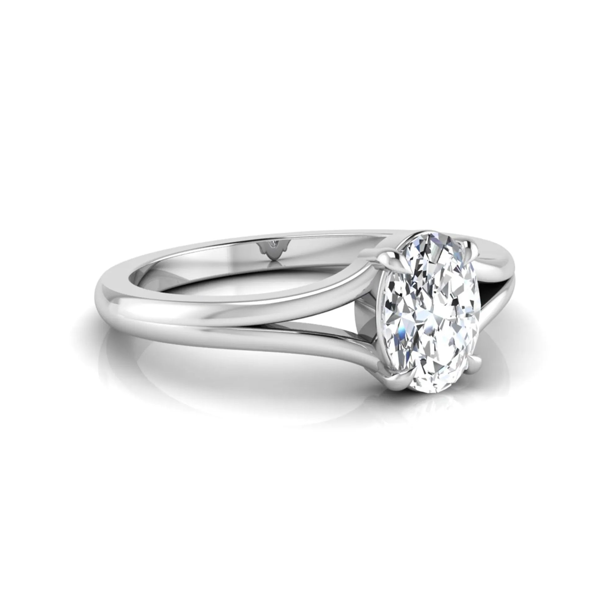 Oval cut lab grown diamond solitaire split shank engagement ring in white gold tone
