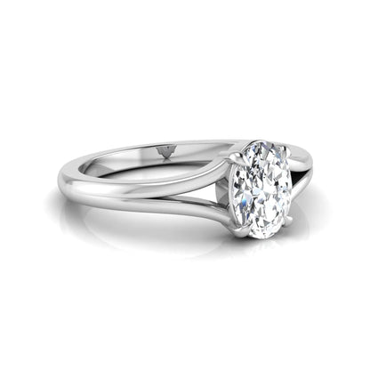 Oval cut lab grown diamond solitaire split shank engagement ring in white gold tone