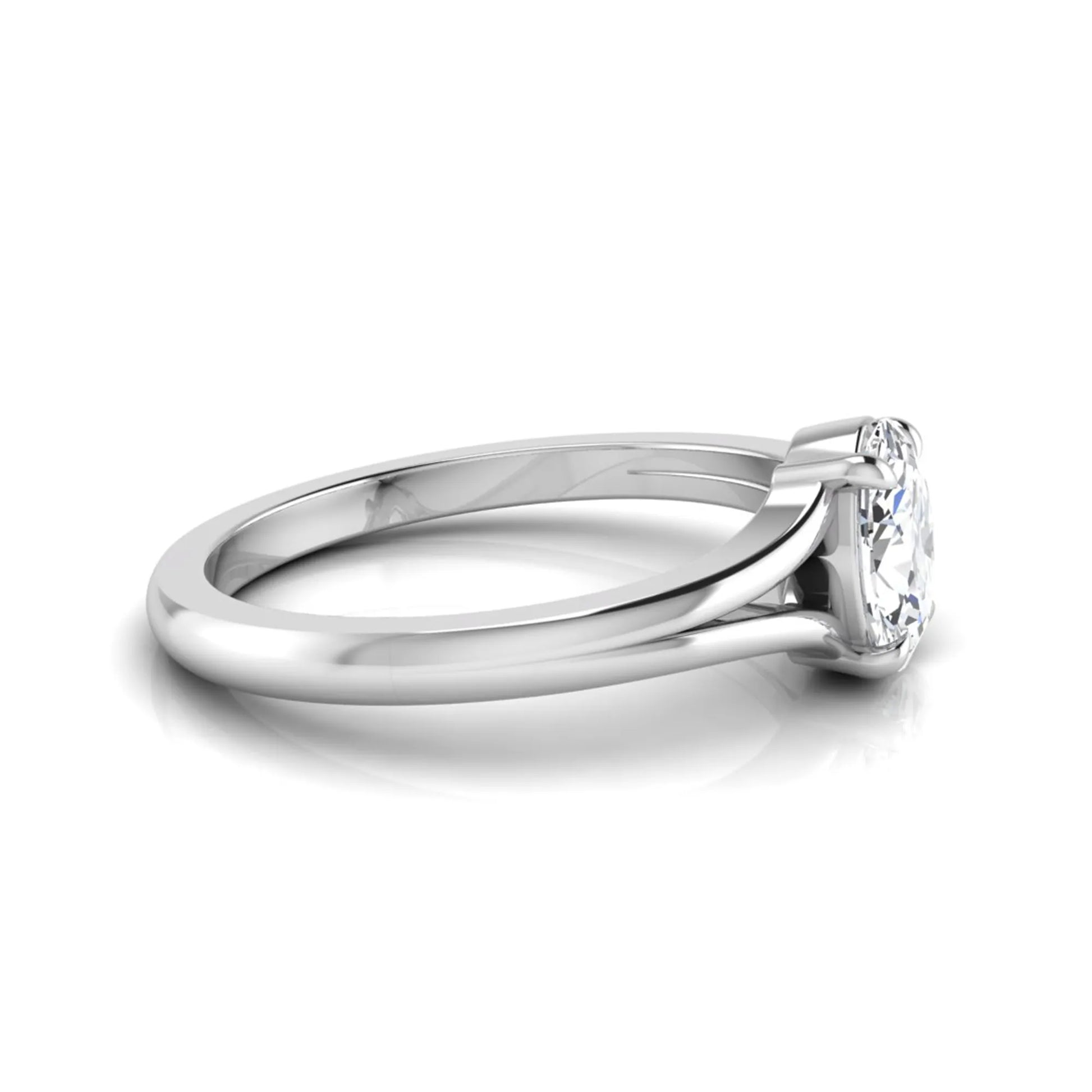 Oval cut lab grown diamond solitaire split shank engagement ring in white gold tone