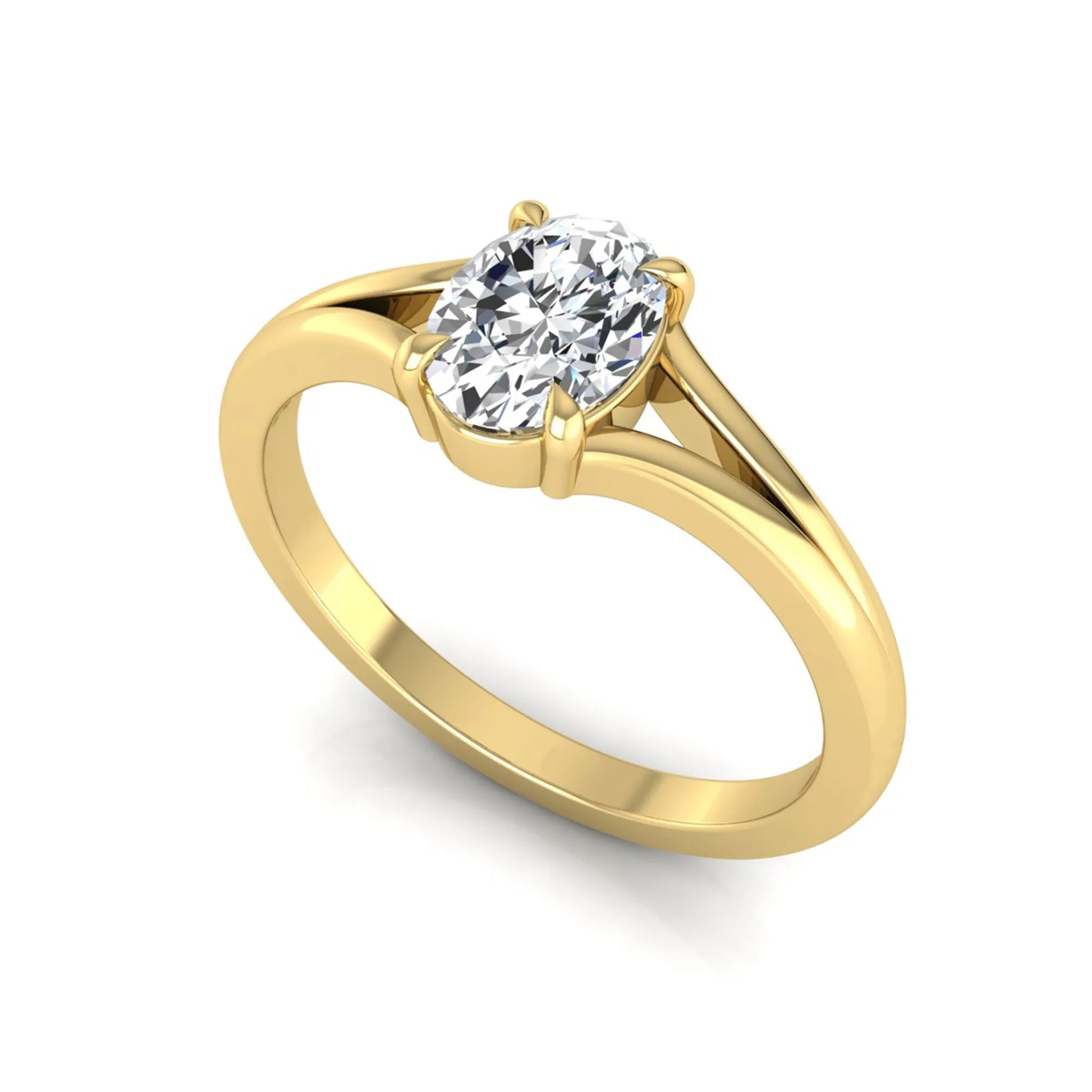 Oval cut lab grown diamond solitaire split shank engagement ring in yellow gold tone