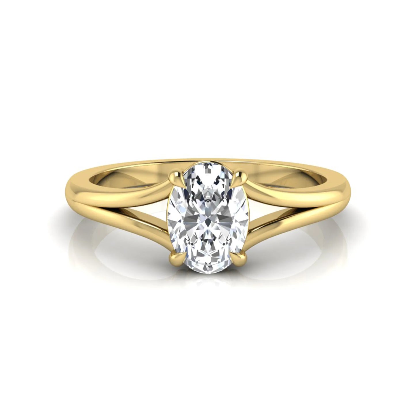 Oval cut lab grown diamond solitaire split shank engagement ring in yellow gold tone