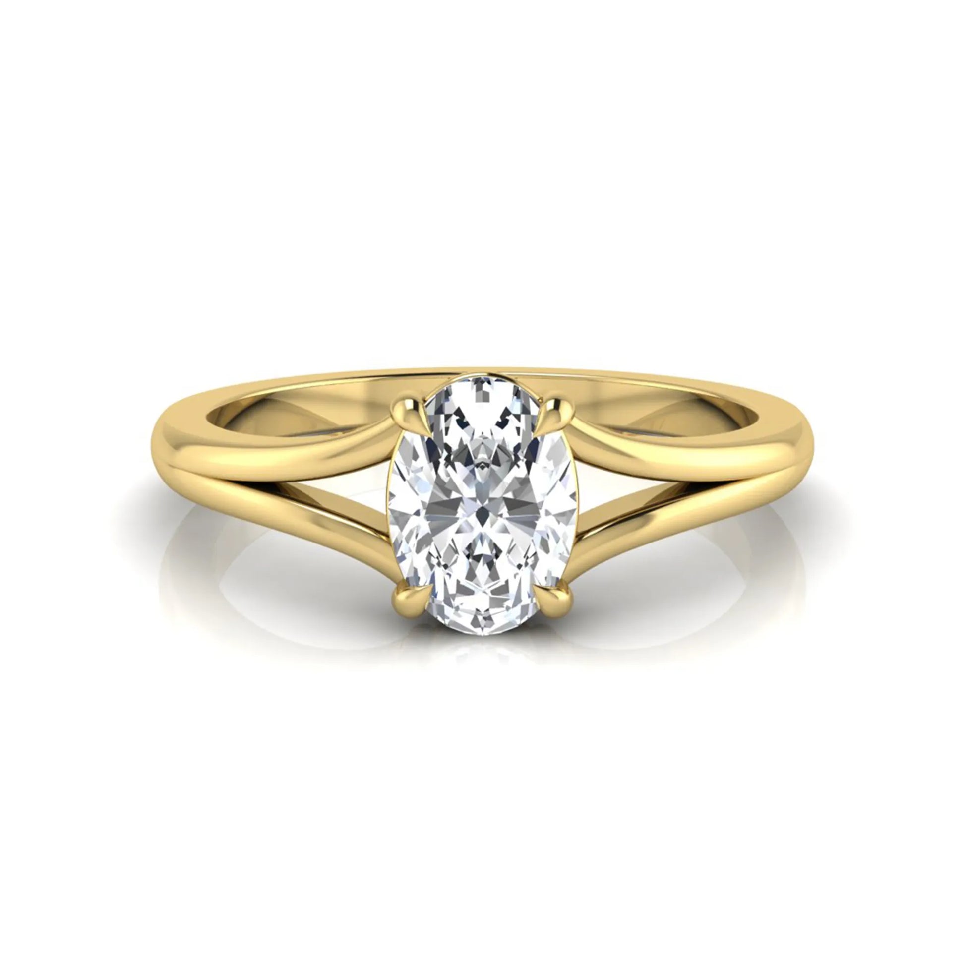 Oval cut lab grown diamond solitaire split shank engagement ring in yellow gold tone