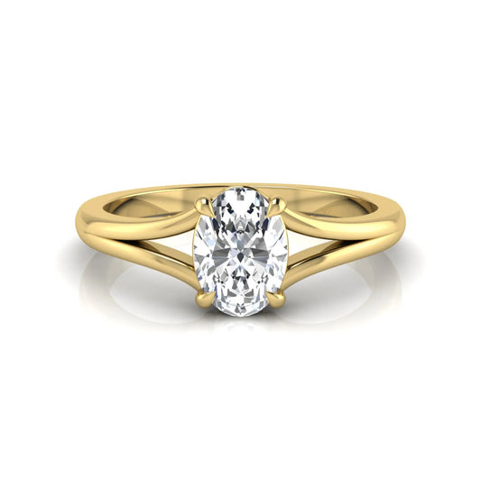 Oval cut lab grown diamond solitaire split shank engagement ring in yellow gold tone