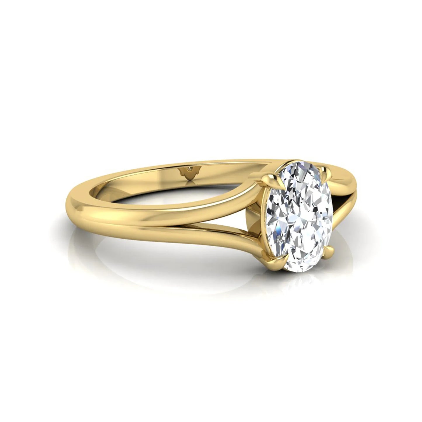 Oval cut lab grown diamond solitaire split shank engagement ring in yellow gold tone