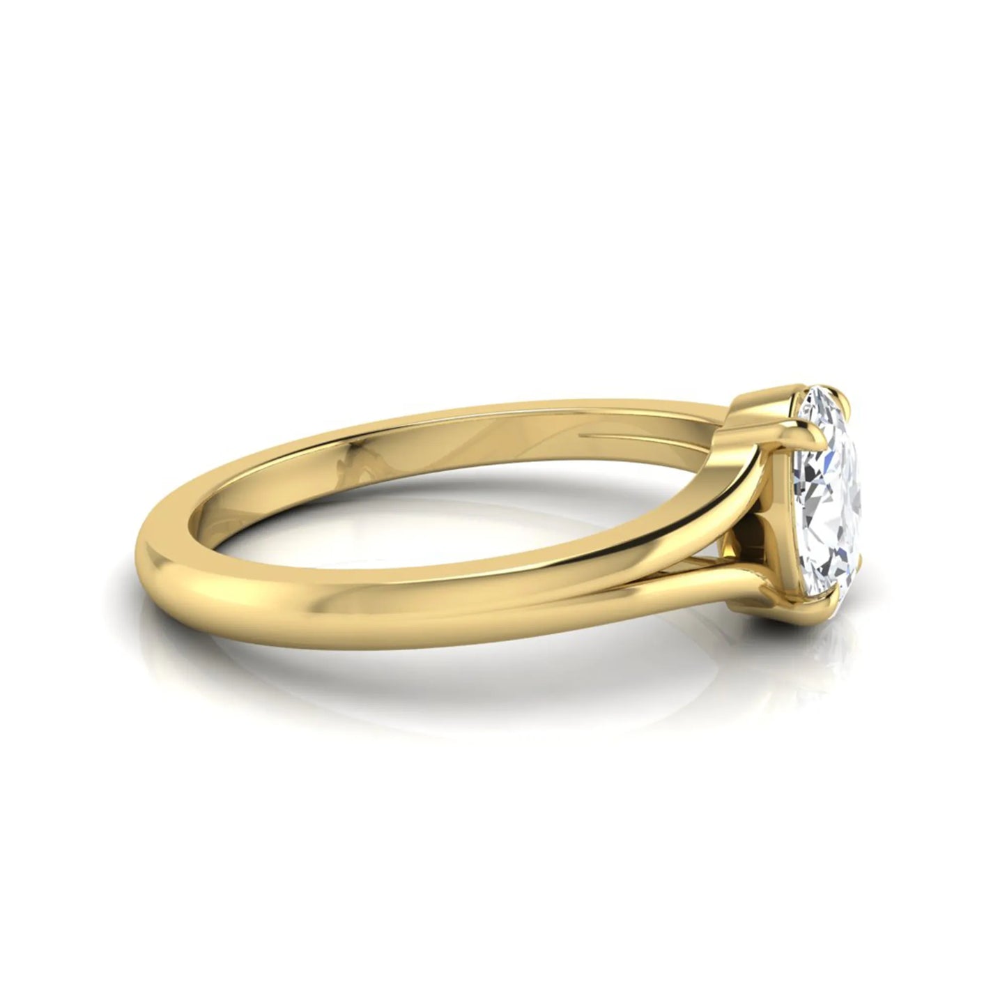 Oval cut lab grown diamond solitaire split shank engagement ring in yellow gold tone