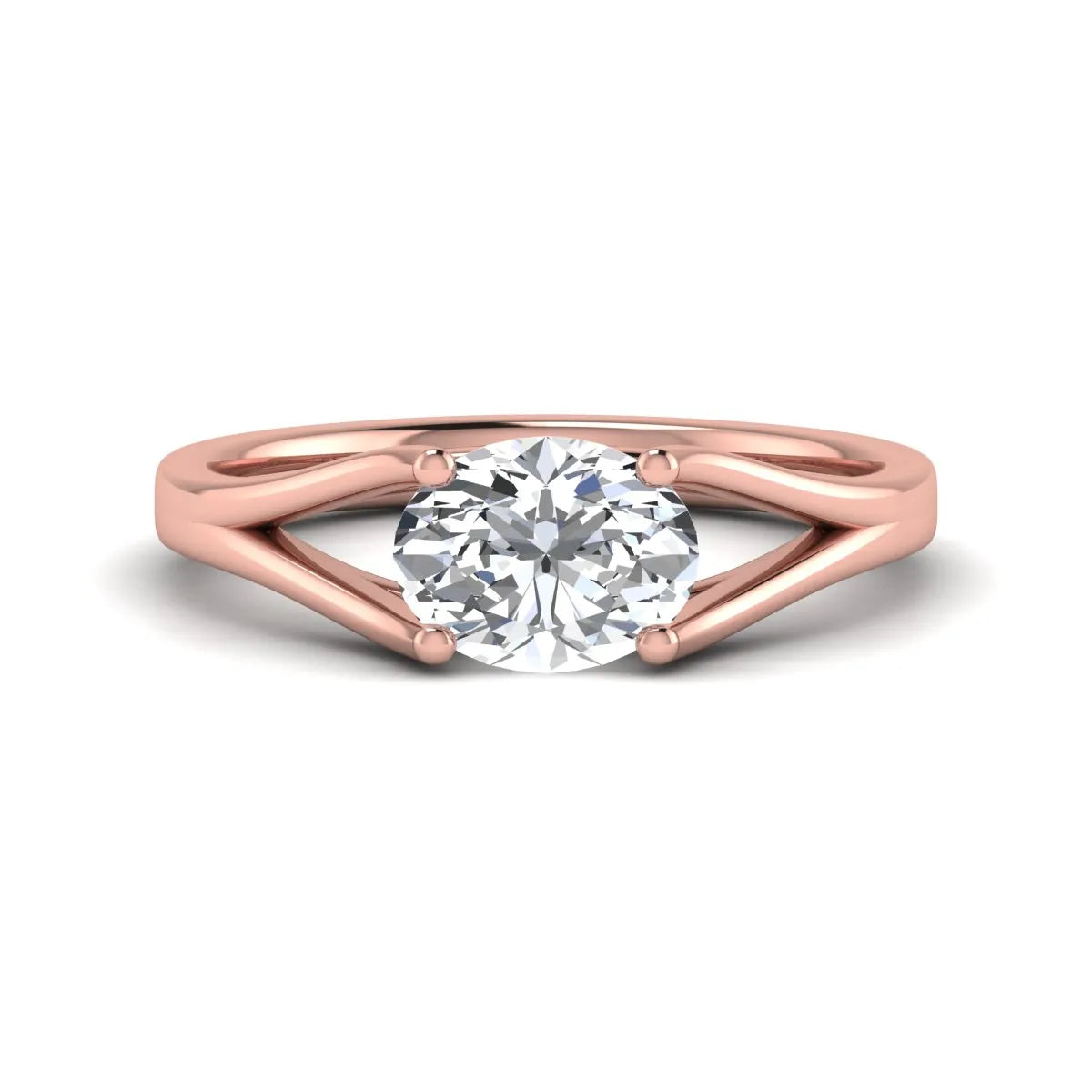 Oval Split Shank Lab Grown Diamond Engagement Ring featuring a 9.00 × 7.00 mm oval-cut center diamond in a four-prong setting with an elegant split shank band in rose gold