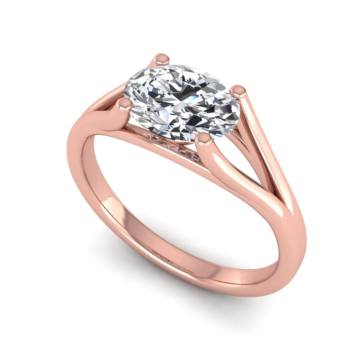 Oval Split Shank Lab Grown Diamond Engagement Ring featuring a 9.00 × 7.00 mm oval-cut center diamond in a four-prong setting with an elegant split shank band in rose gold