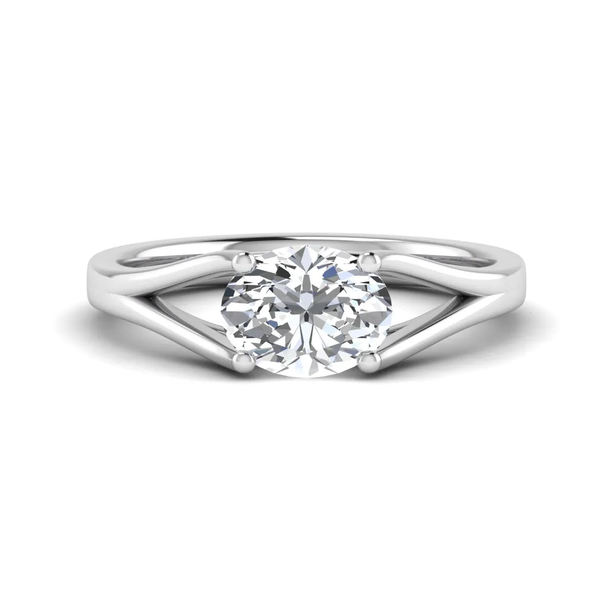 Oval Split Shank Lab Grown Diamond Engagement Ring featuring a 9.00 × 7.00 mm oval-cut center diamond in a four-prong setting with an elegant split shank band in white gold