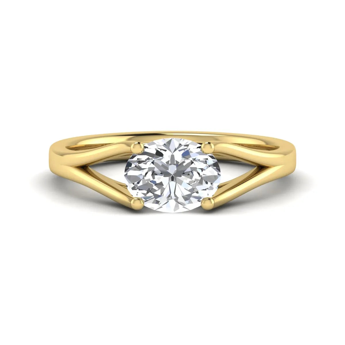 Oval Split Shank Lab Grown Diamond Engagement Ring featuring a 9.00 × 7.00 mm oval-cut center diamond in a four-prong setting with an elegant split shank band in yellow gold