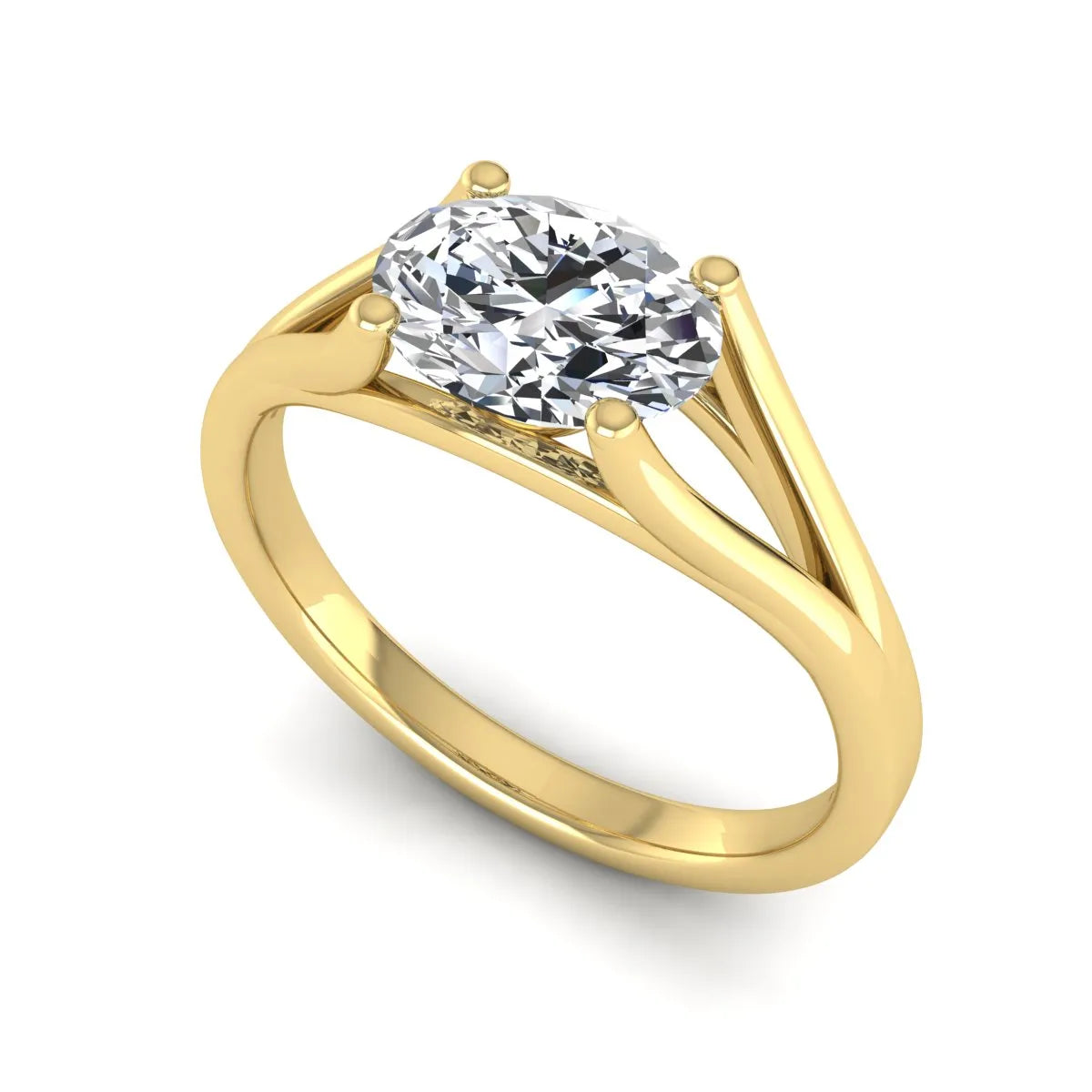 Oval Split Shank Lab Grown Diamond Engagement Ring featuring a 9.00 × 7.00 mm oval-cut center diamond in a four-prong setting with an elegant split shank band in yellow gold