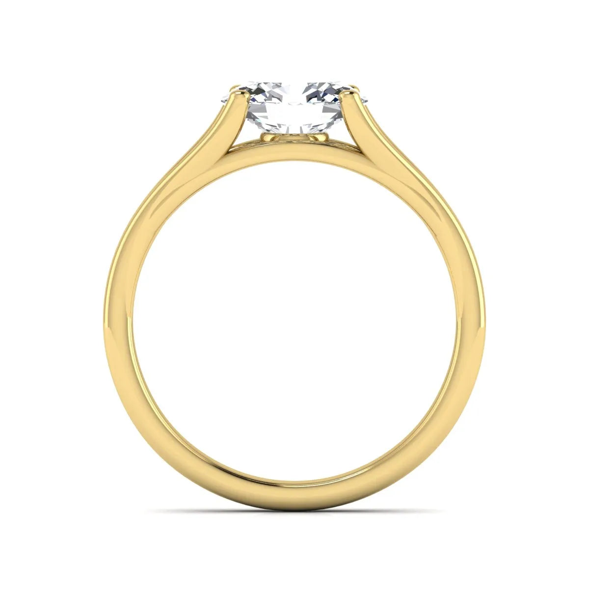 Oval Split Shank Lab Grown Diamond Engagement Ring featuring a 9.00 × 7.00 mm oval-cut center diamond in a four-prong setting with an elegant split shank band in yellow gold